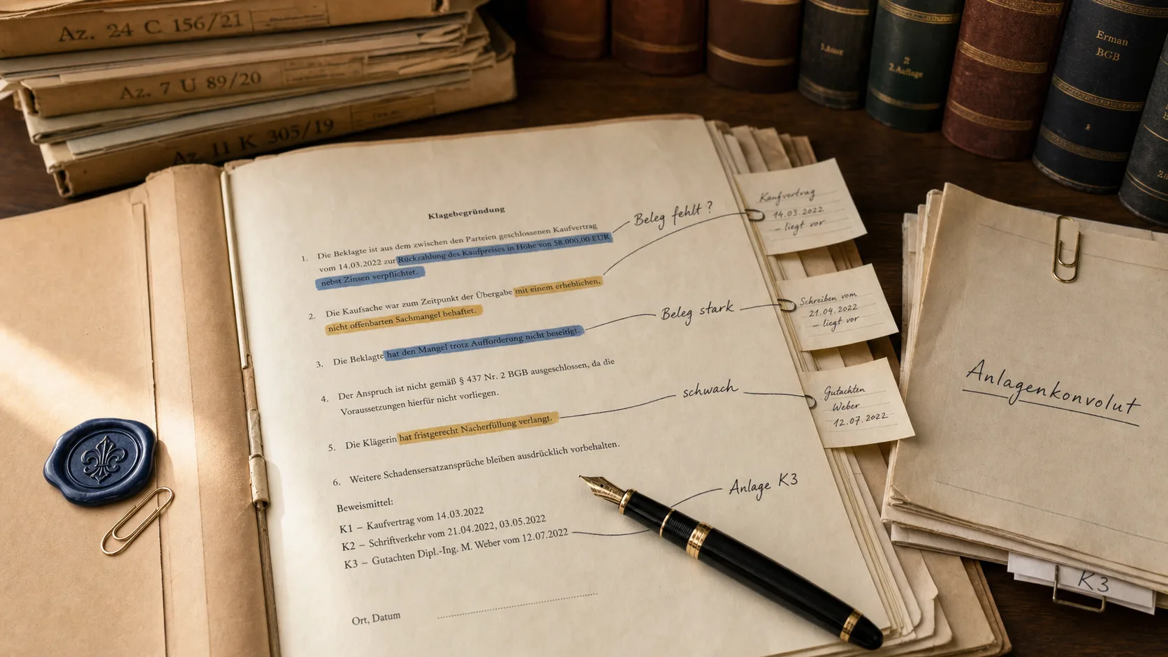 Schreibtisch mit aufgeschlagener Akte, farbig markierten Textstellen und handschriftlichen Randnotizen „Beleg fehlt?" neben Anlagenkonvolut und Füllfeder.