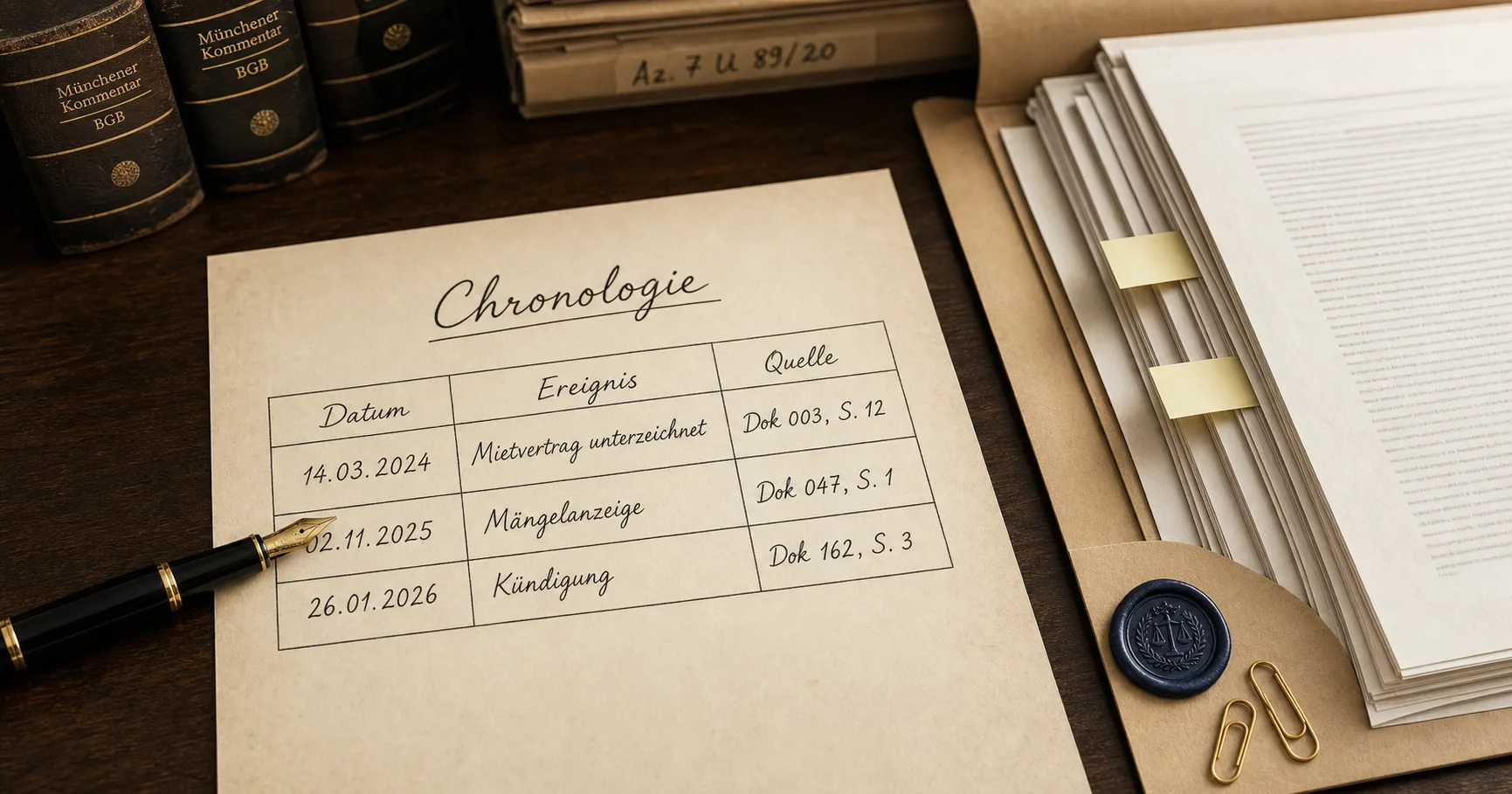 Handschriftliche Chronologie-Tabelle mit Spalten Datum, Ereignis, Quelle: Mietvertrag 14.03.2024, Mängelanzeige 02.11.2025, Kündigung 26.01.2026. Daneben eine Akte mit Haftnotizen, ein Füllfederhalter zeigt auf eine Datumszeile.