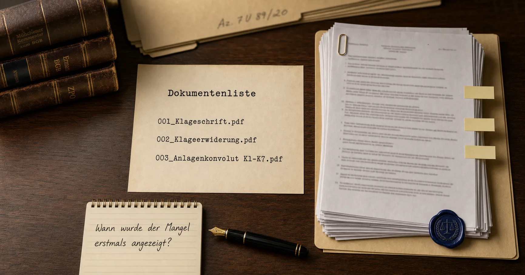 Gedruckte Dokumentenliste mit Dateinamen wie 001_Klageschrift.pdf neben einem hohen Stapel gescannter Schriftsätze mit Haftnotizen. Davor ein Notizblock mit der handschriftlichen Frage „Wann wurde der Mangel erstmals angezeigt?" und ein Füllfederhalter.