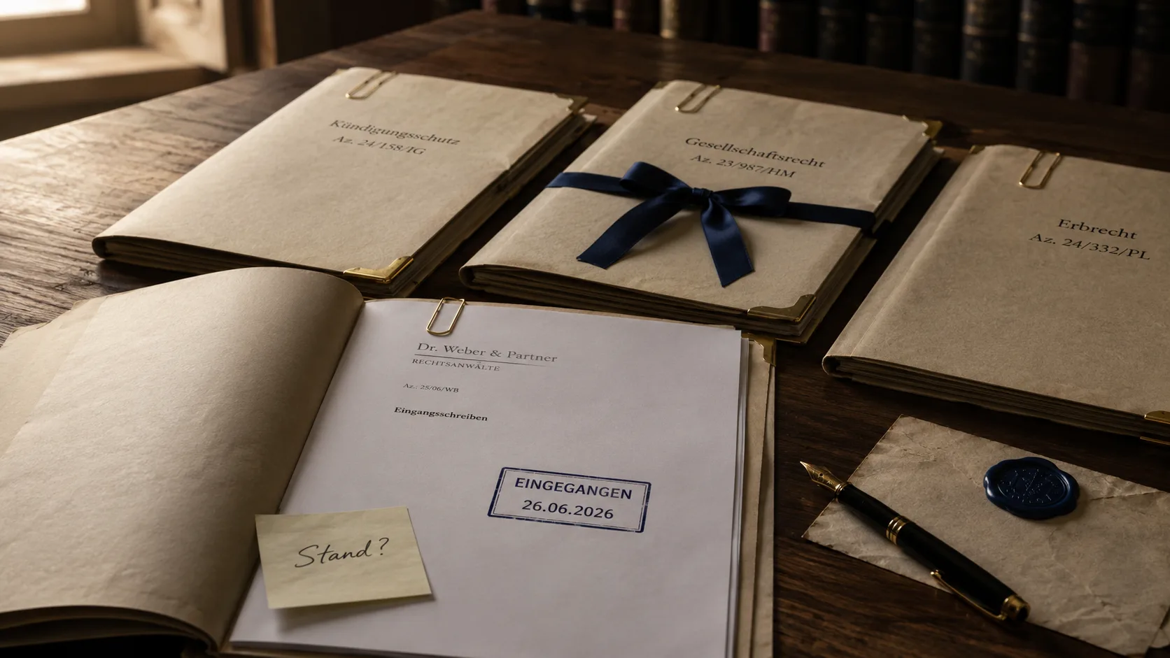 Schreibtisch mit mehreren parallel aufgeschlagenen Akten, oben ein Notizzettel „Stand?" und ein neu eingegangener Schriftsatz mit Eingangsstempel vom heutigen Tag.