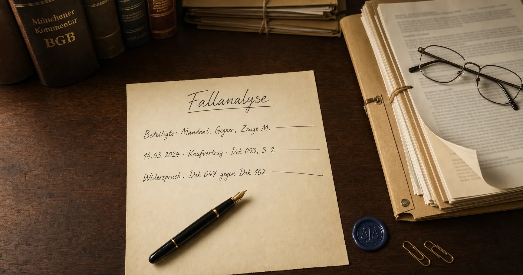 Handschriftliches Analyseblatt mit der Überschrift „Fallanalyse" und drei Zeilen: Beteiligte (Mandant, Gegner, Zeuge M.), Chronologie-Eintrag Kaufvertrag 14.03.2024 mit Quellenangabe, Widerspruch Dok 047 gegen Dok 162. Daneben eine aufgeschlagene Akte mit Lesebrille und Füllfederhalter.