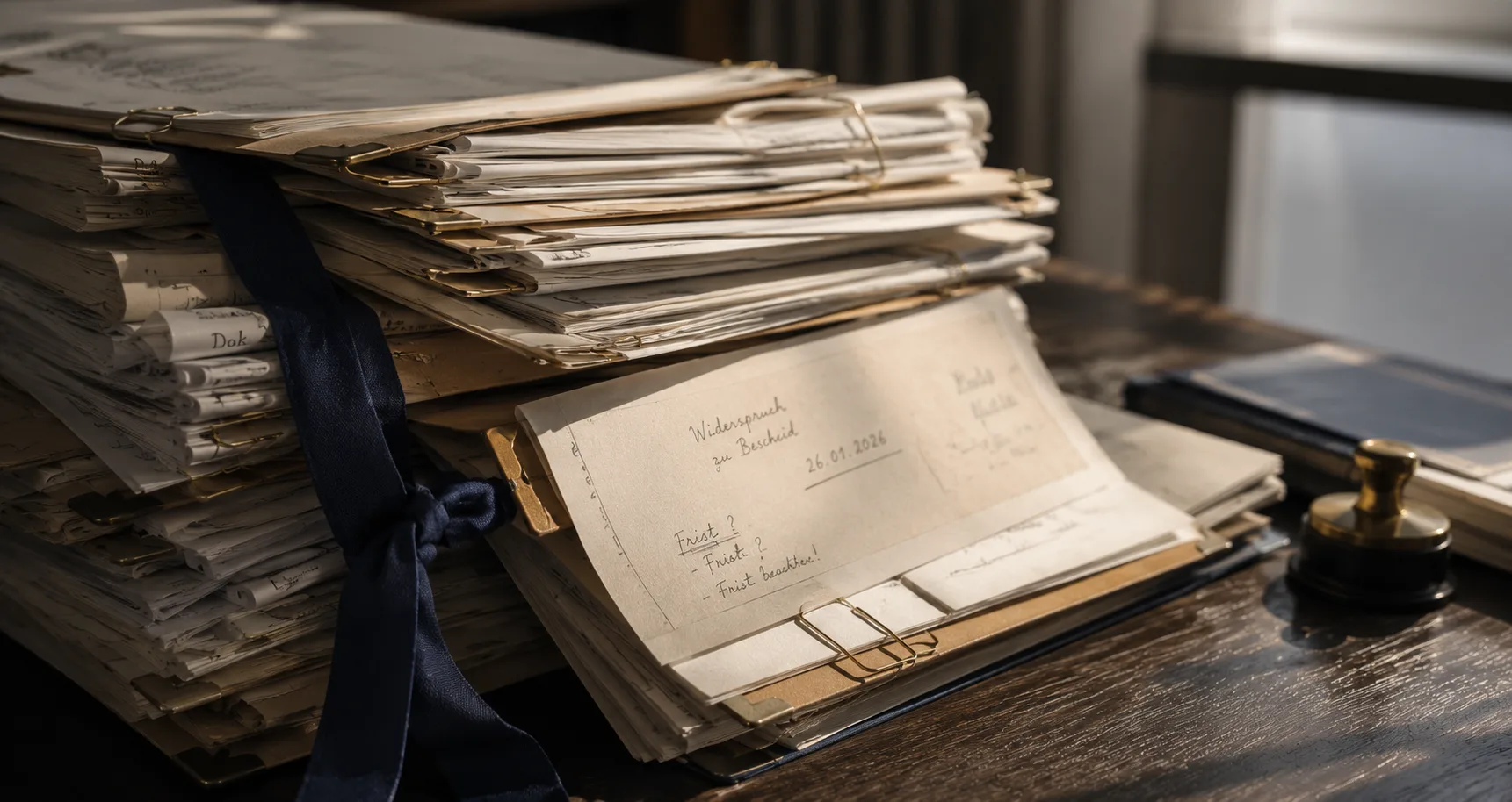Aktenstapel mit Wachs-Siegel, blauem Band und handschriftlicher Notiz „Widerspruch zu Bescheid, 26.01.2026, Frist?" auf einem dunklen Schreibtisch.