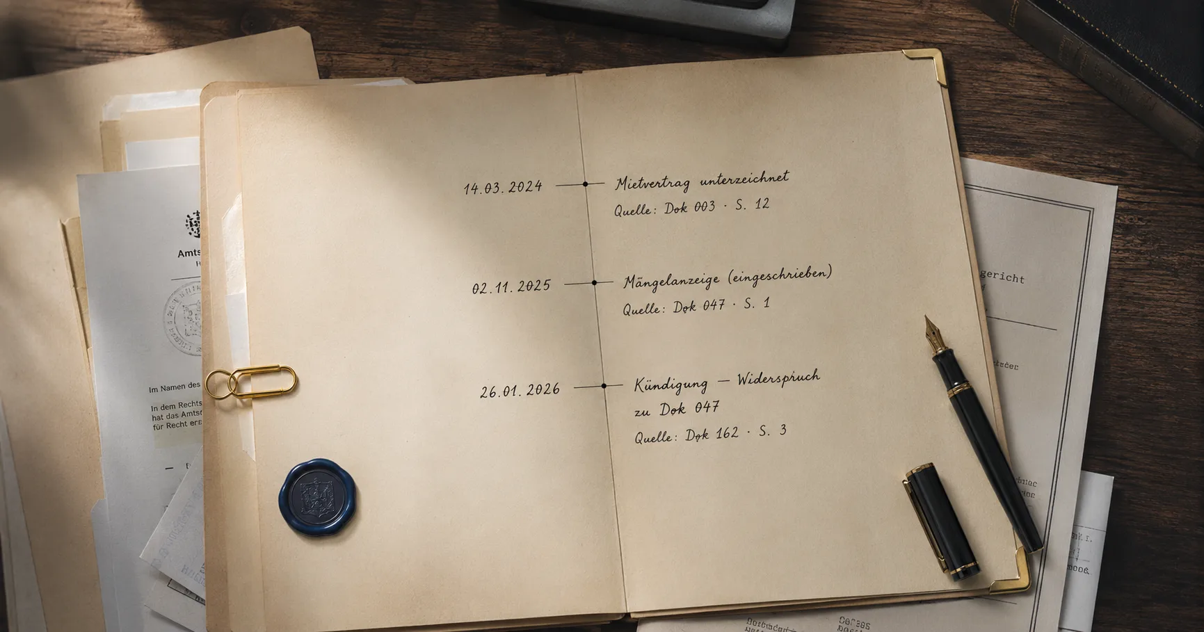 Aufgeschlagene Akte mit handschriftlicher Chronologie: Mietvertrag 14.03.2024, Mängelanzeige 02.11.2025, Kündigung 26.01.2026, daneben Wachs-Siegel und Füllfeder.