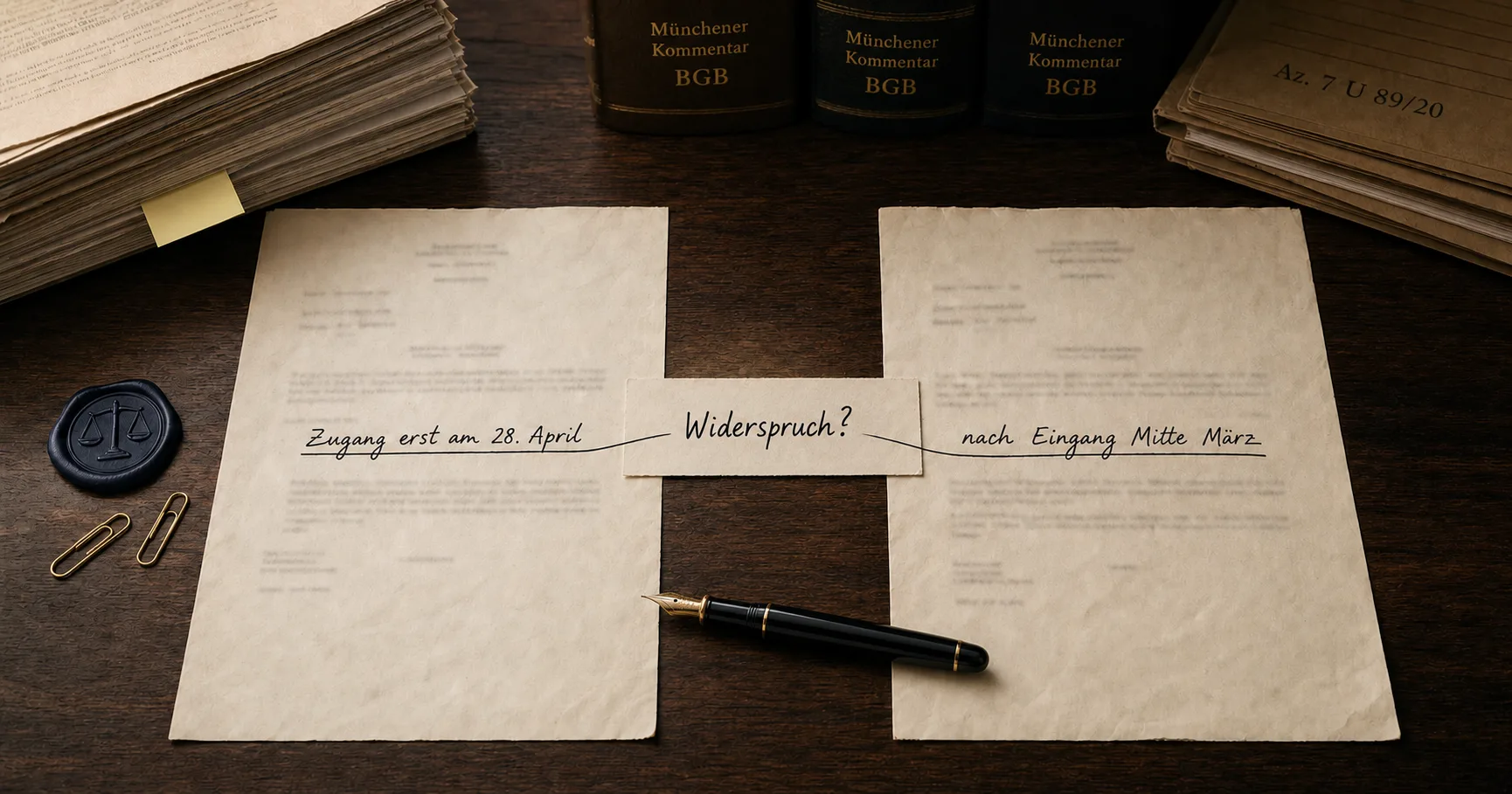 Zwei Schriftsätze nebeneinander auf dunklem Schreibtisch, im linken handschriftlich unterstrichen „Zugang erst am 28. April", im rechten „nach Eingang Mitte März", beide Stellen durch eine Tintenlinie mit der Notiz „Widerspruch?" verbunden, dazwischen ein Füllfederhalter.